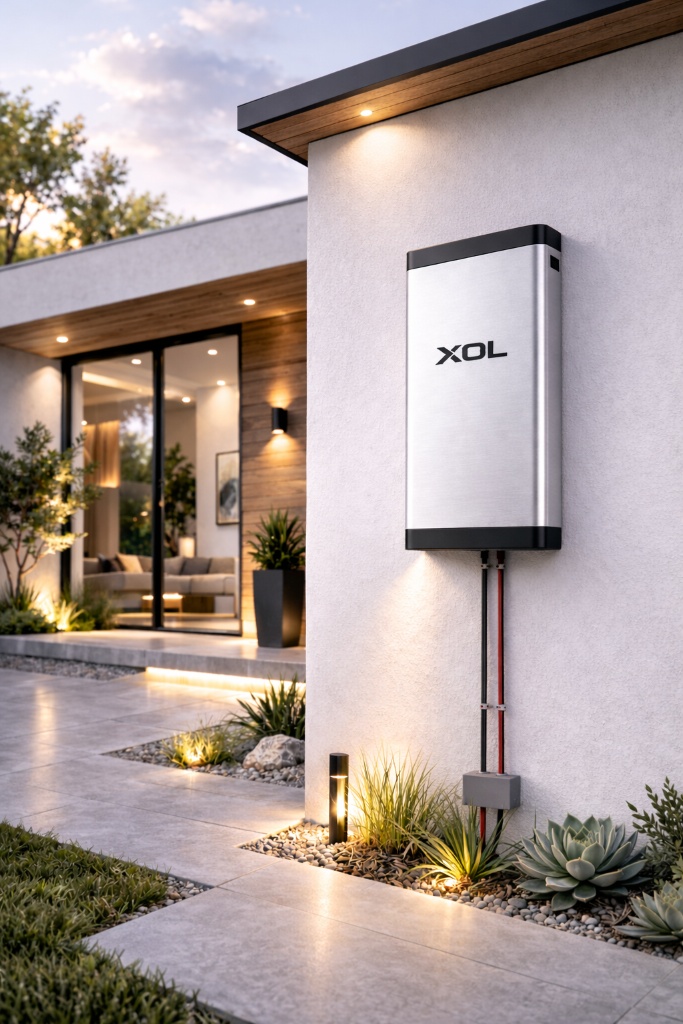 XOL energy storage unit installed on modern home exterior
